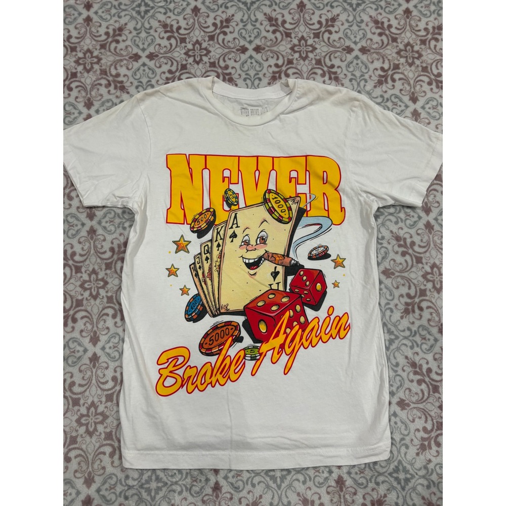Never Broke Again T-Shirt Mens Small White Gambling Graphic Playing Cards Dice